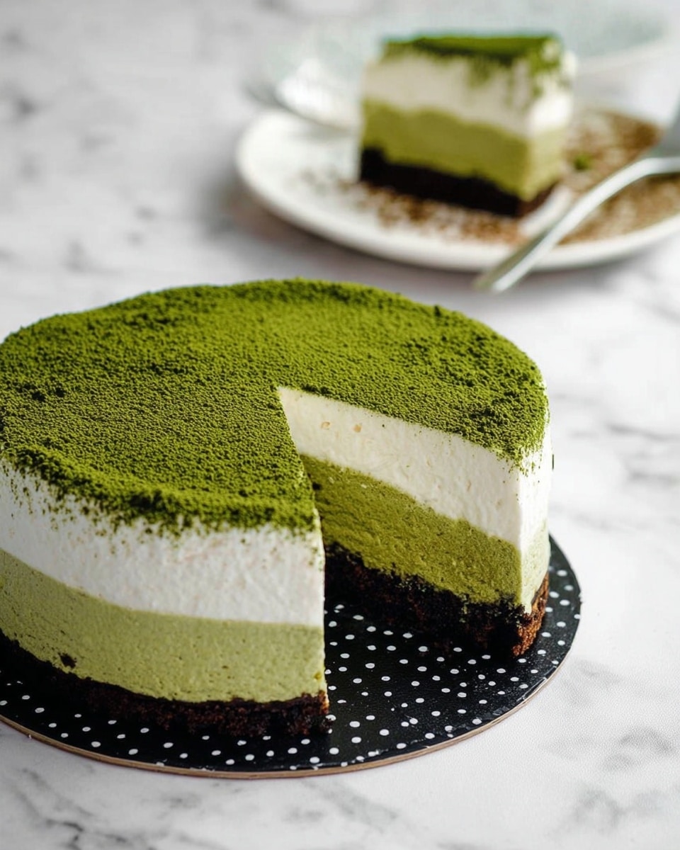 The image shows a round layered cake with three distinct layers on a white marbled surface. The bottom layer is dark brown and crumbly, resembling a cookie crust. The middle layer is smooth and light green, looking creamy like matcha-flavored mousse. The top layer is thick and white, fluffy like whipped cream, covered evenly with a bright green powder, likely matcha. A slice is cut out, showing the clear layers from the side, with the cake placed on a black cake base with a polka dot pattern. In the background, a slice of the cake sits on a white plate with brown specks and a dusting of bright green powder on top. Photo taken with an iphone --ar 4:5 --v 7