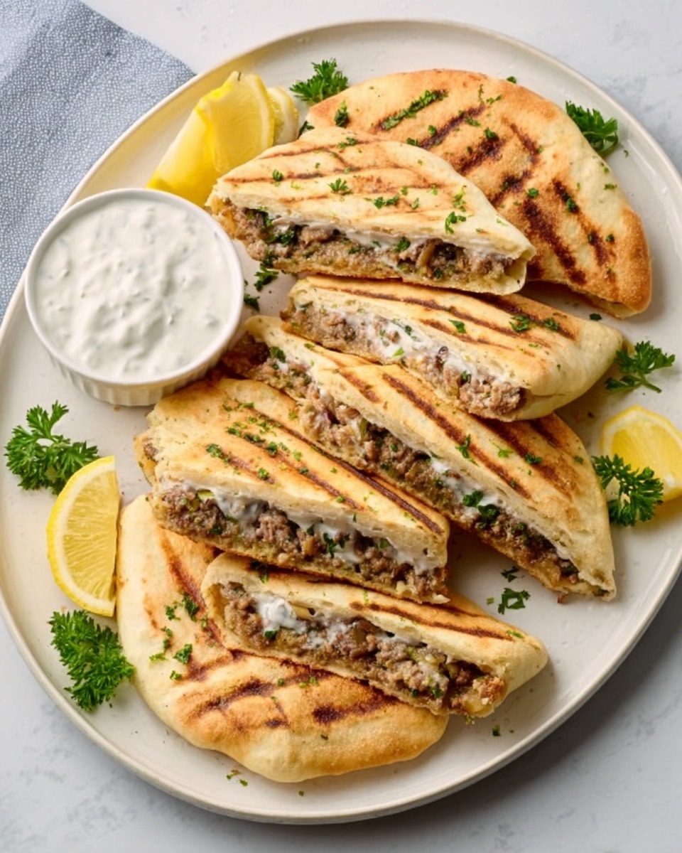 The image shows a white oval plate on a white marbled surface, holding four grilled flatbread sandwiches cut in halves. Each sandwich includes a light golden-brown flatbread with visible grill marks on top, filled with minced meat and herbs that look slightly brown with green flecks. The sandwiches are arranged in a fan shape on the plate. Around them, there are two lemon wedges and small parsley leaves as garnish. In the upper left corner, there is a small white bowl filled with white creamy sauce. A woman's hand is slightly touching one sandwich on the edge of the plate. photo taken with an iphone --ar 4:5 --v 7