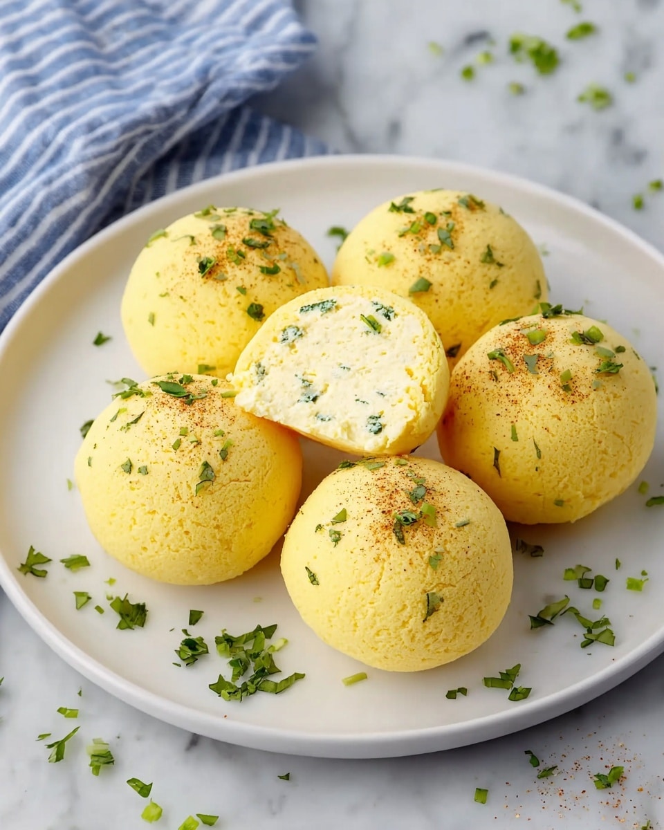 Five round, soft yellow balls with a smooth textured surface sit on a white plate placed on a white marbled texture. Each ball is sprinkled lightly with small pieces of green herbs and a pinch of brown powder for seasoning. One ball is cut in half, revealing a creamy, light yellow inside mixed with green herb bits, showing a soft and fluffy texture. Small pieces of green herbs are scattered around the plate for decoration, and a blue and white striped cloth is partially visible in the background. photo taken with an iphone --ar 4:5 --v 7