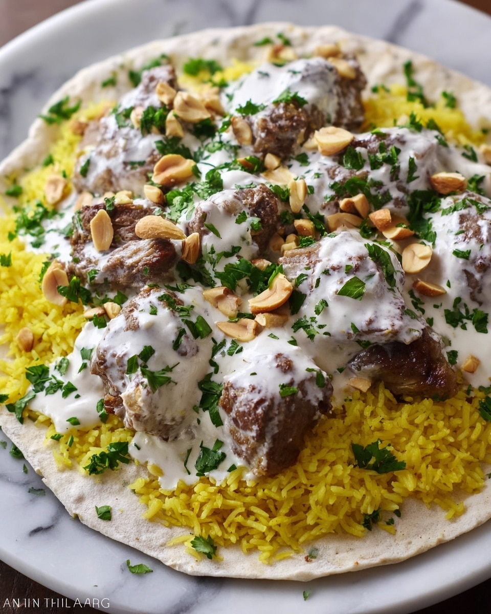 The dish shows a white plate with a base layer of thin, light beige flatbread, topped with bright yellow rice that looks fluffy and spread evenly. On top of the rice, there are several pieces of meat covered with a creamy white sauce. The meat pieces are mostly brown and rough-textured under the sauce. The dish is garnished with chopped green herbs scattered over the meat and rice, and some whole light brown nuts are sprinkled on top, adding texture and contrast. The photo is taken on a white marbled surface, with a close-up view capturing the different colors and textures clearly. photo taken with an iphone --ar 4:5 --v 7
