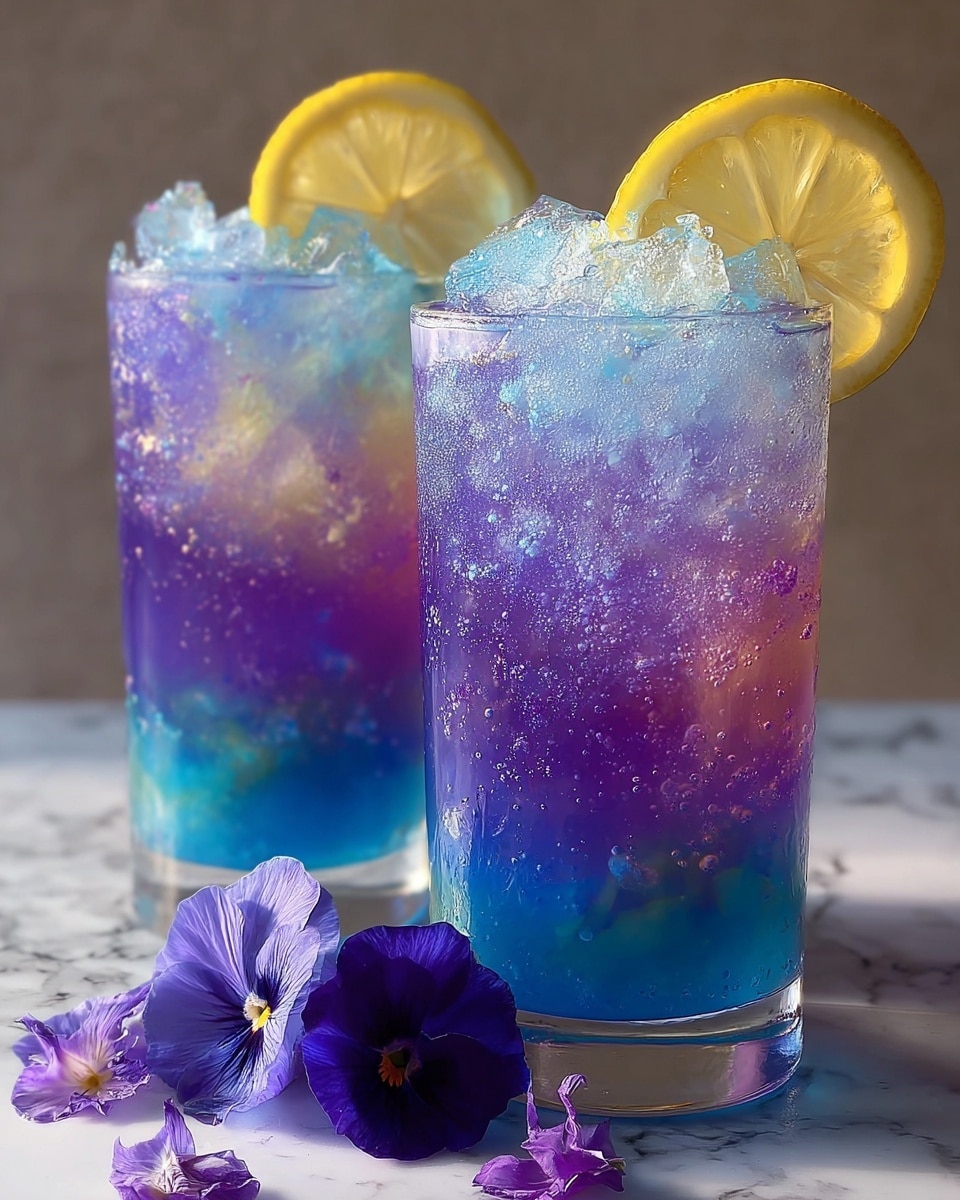 Two tall clear glasses filled with a colorful layered drink sit on a white marbled surface. Each glass has three distinct layers: the bottom layer is bright blue with a smooth texture, the middle layer is a rich purple with bubbles and ice cubes scattered throughout, and the top layer is sparkling light blue mixed with crushed ice giving a frosty look. A thin, bright yellow lemon slice is placed on the rim of each glass. In front of the glasses, there are delicate purple and blue edible flowers resting on the surface. The photo taken with an iphone --ar 4:5 --v 7