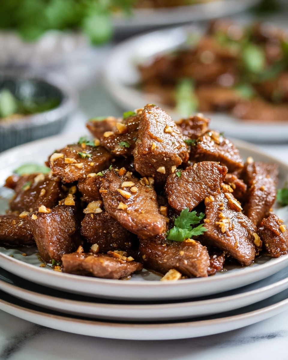 A pile of cooked meat pieces with a shiny, brown glaze sits in the center of a white plate. The meat pieces are uneven in shape and appear tender with a slightly crispy texture. Small bits of golden, crispy garlic are sprinkled evenly on top, adding texture and contrast. Bright green cilantro leaves are scattered among the meat, adding a fresh color accent. The plate is stacked on top of a few other white plates, all sitting on a white marbled texture surface, with blurred background elements that hint at more food. Photo taken with an iphone --ar 4:5 --v 7