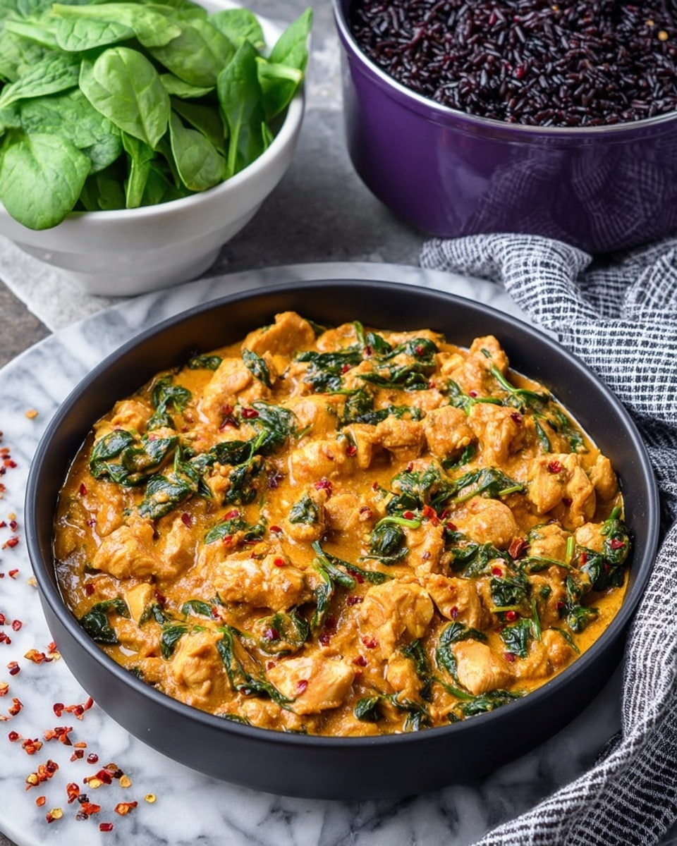 A close-up view of a thick, creamy dish with a warm orange color mixed with green spinach leaves and small chunks of tender meat throughout. The mixture fills a dark bowl fully, showing the rich and smooth texture of the sauce hugging the pieces inside. In the background, there are two white bowls, one filled with dark red or black grains and the other with fresh green spinach leaves. The whole setting is on a white marbled surface with scattered red pepper flakes around the bowl, adding a hint of spice to the scene. photo taken with an iphone --ar 4:5 --v 7
