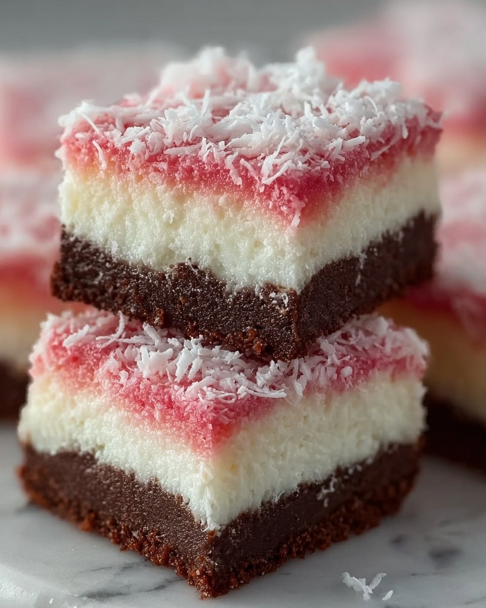 The image shows three square pieces of dessert stacked in a close-up view on a white marbled surface. Each piece has two clear layers: the bottom layer is thick, dark brown, and looks soft like chocolate cake, while the top layer is thick, white, and creamy. The top surface is covered with a thin pink layer and sprinkled with white, flaky shredded coconut, giving a textured look. The pieces are arranged so that the front piece is fully visible, with the other two slightly behind it. photo taken with an iphone --ar 4:5 --v 7