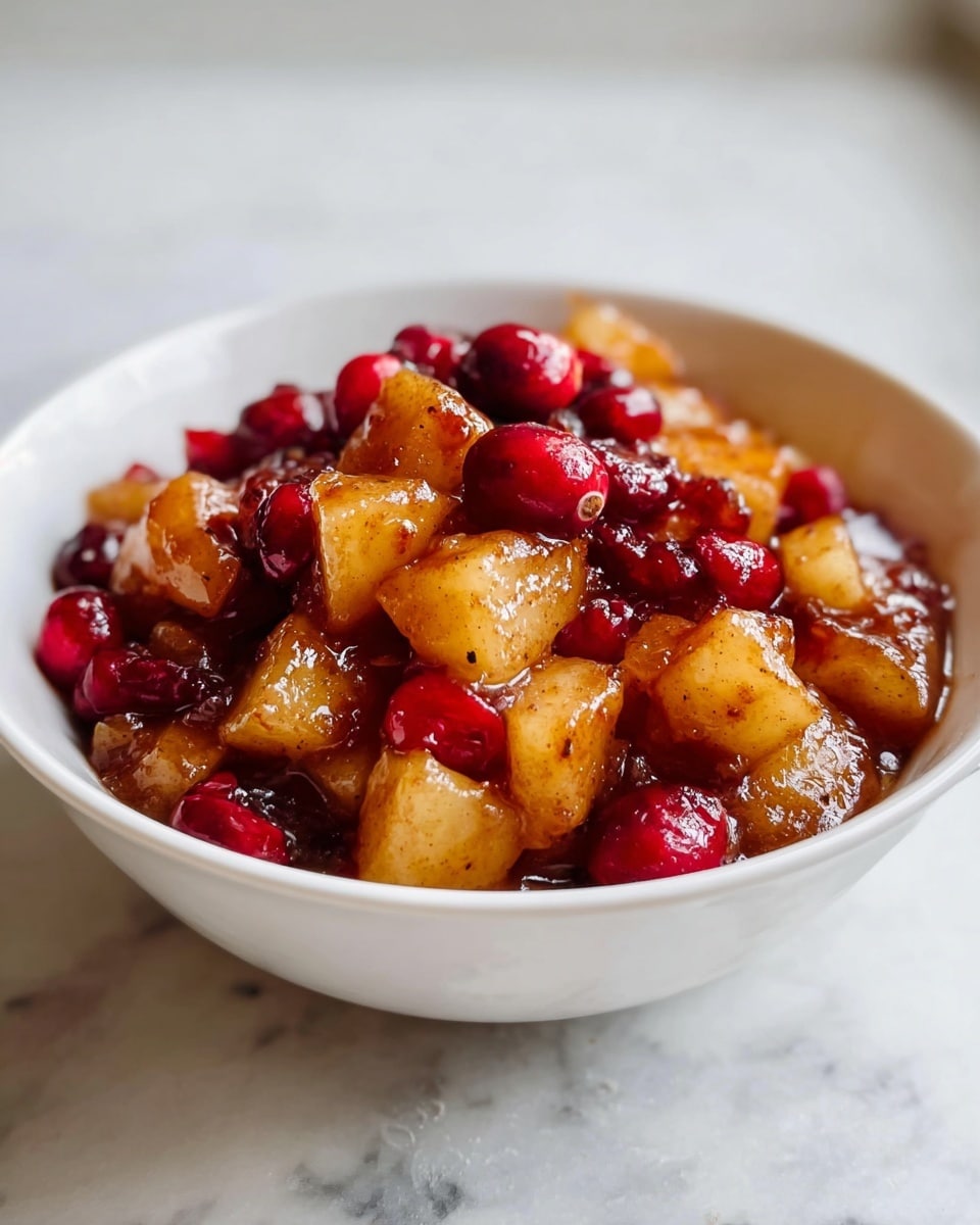 A white bowl filled with a mix of diced pears and bright red cranberries, all coated in a glossy, brown cinnamon-spiced sauce. The pear pieces are chunky and soft-looking, with a light yellow color tinged with the warm brown spice, while the cranberries add vibrant pops of red throughout. The dish rests on a white marbled surface, with soft natural light coming from the side, highlighting the shiny texture of the sauce on the fruit. photo taken with an iphone --ar 4:5 --v 7