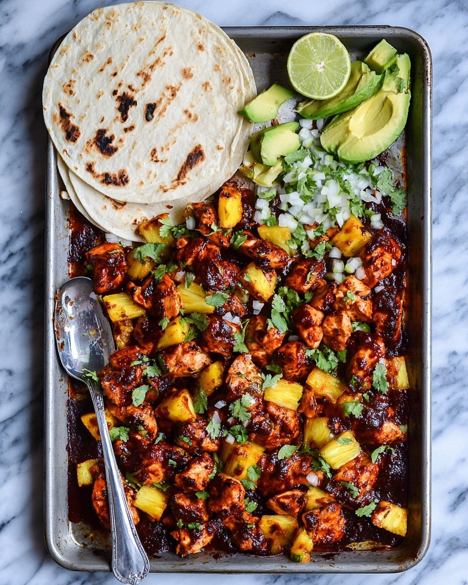 A metal tray filled with grilled chicken pieces covered in a dark red sauce, mixed with bright yellow pineapple chunks scattered throughout. On the top left side of the tray, there are three white corn tortillas stacked on top of each other, next to a few chunks of light green avocado. Two lime wedges, one whole and one cut in half, are placed between the tortillas and avocado. Small pieces of chopped white onion and fresh green cilantro leaves are sprinkled over the chicken and pineapple. A silver spoon rests diagonally on the bottom left corner of the tray. The tray sits on a surface with a white marbled texture. Photo taken with an iphone --ar 4:5 --v 7
