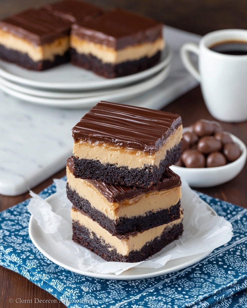 The image shows three square layered dessert bars stacked on a white plate, which is on top of a blue and white patterned cloth over a dark wooden surface. Each bar has three layers: a thick bottom dark chocolate cake layer with a moist texture, a middle creamy light tan peanut butter layer, and a smooth glossy dark chocolate ganache top layer with fine horizontal ridges. A white paper doily and parchment paper are beneath the stack. In the background, there is another white plate with more bars and a small white bowl with round chocolate-covered pieces next to a white cup of coffee, all set against a white marbled textured surface. Photo taken with an iphone --ar 4:5 --v 7