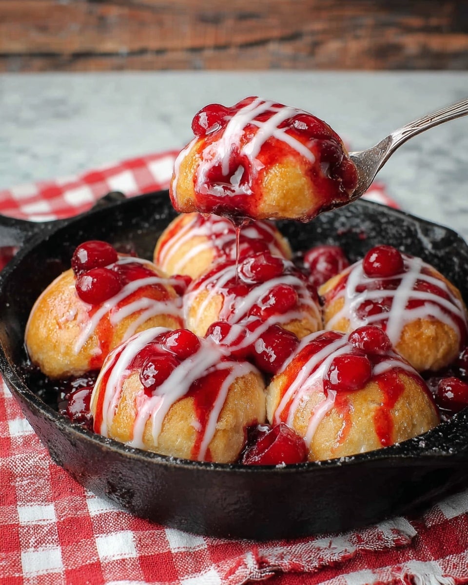 The image shows a black cast iron skillet filled with six golden brown baked buns, arranged in two rows of three. Each bun is topped with bright red cherry sauce with whole cherries, and thin white glaze drizzled in diagonal lines across the top. A spoon lifts one bun from the skillet, showing the glossy cherry sauce dripping slightly along with the glaze. The skillet sits on a white marbled surface covered partly by a red and white checkered cloth. The background has a blurred wooden texture. Photo taken with an iphone --ar 4:5 --v 7