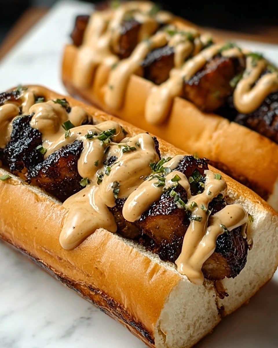 Two hot dog buns sit side by side on a white marbled surface, each filled with several pieces of dark brown, grilled meat with charred edges. On top of the meat is a creamy, light brown sauce drizzled in thick lines, glistening under the light, with small green herb bits sprinkled on top for color contrast. The buns are soft with a golden crust on the outside and a fluffy white interior, holding the layers together neatly. The focus is close, highlighting the texture of the grilled meat and creamy sauce. Photo taken with an iphone --ar 4:5 --v 7