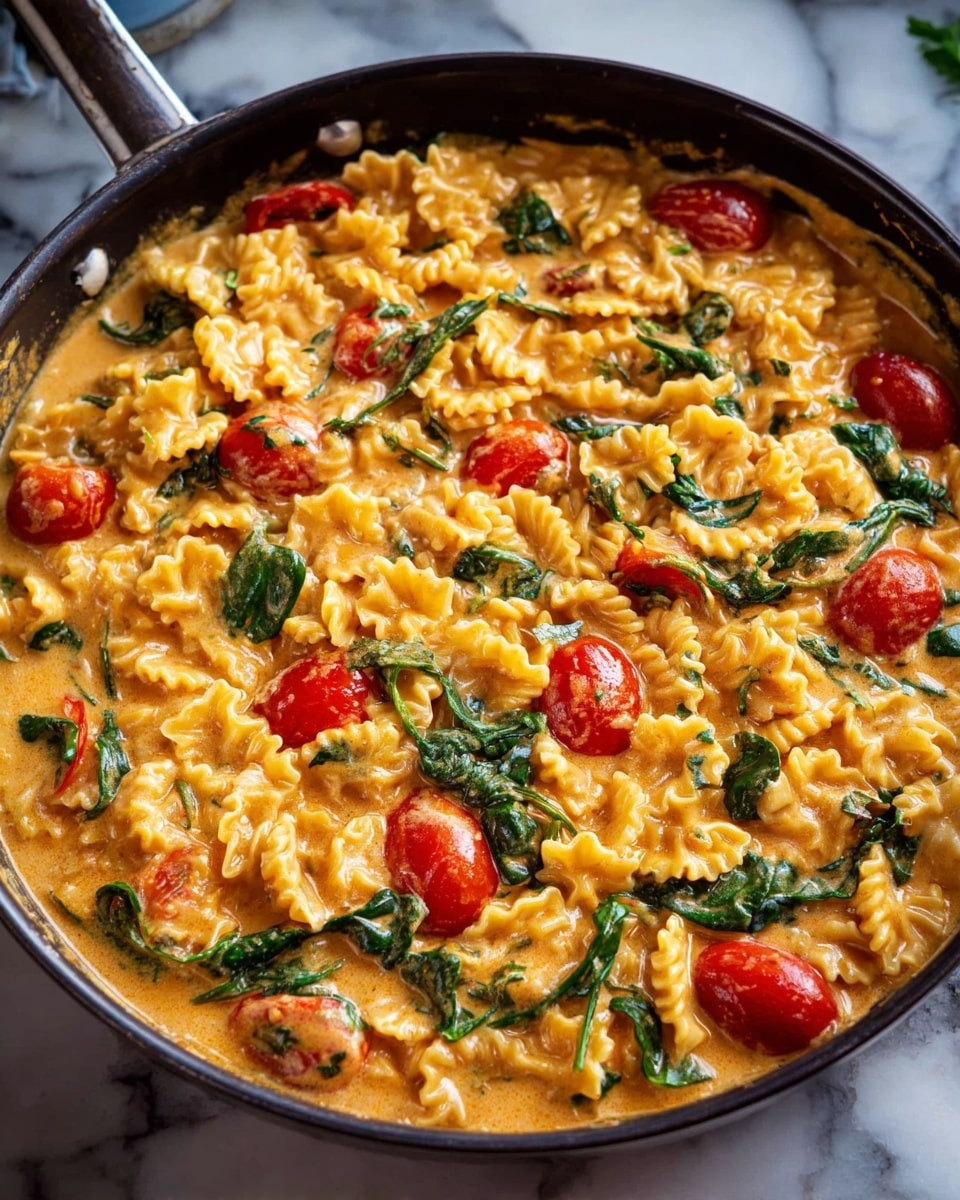 A close-up of a pan filled with creamy pasta, featuring three layers: a bottom layer of rich orange creamy sauce, a middle layer of golden yellow wavy pasta pieces with ridged edges, and a top layer scattered with bright red halved cherry tomatoes and fresh dark green spinach leaves, all mixed together and sitting in the sauce. The pasta has a soft texture, and the sauce looks smooth and thick, evenly coating the pasta and vegetables. The pan is a deep skillet sitting on a white marbled surface. Photo taken with an iphone --ar 4:5 --v 7
