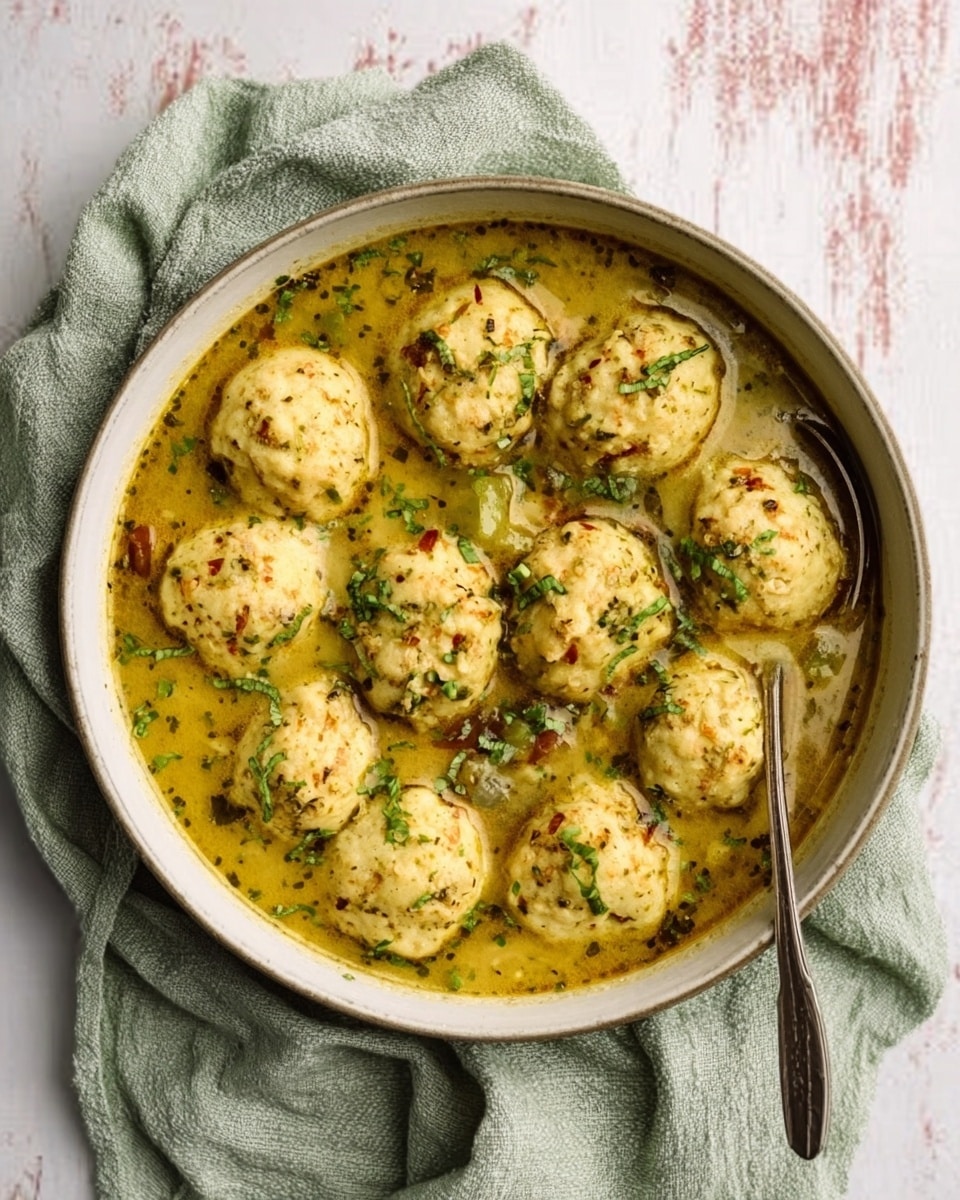 A round white bowl filled with a warm, yellowish-green soup base that has visible herbs and spices throughout. Inside the soup, about ten light beige dumplings float, each with a slightly rough texture and small greens sprinkled on top. The bowl is placed on a soft, light green cloth, all set on a white marbled surface with some hints of pale pink distressed wood in the background. photo taken with an iphone --ar 4:5 --v 7