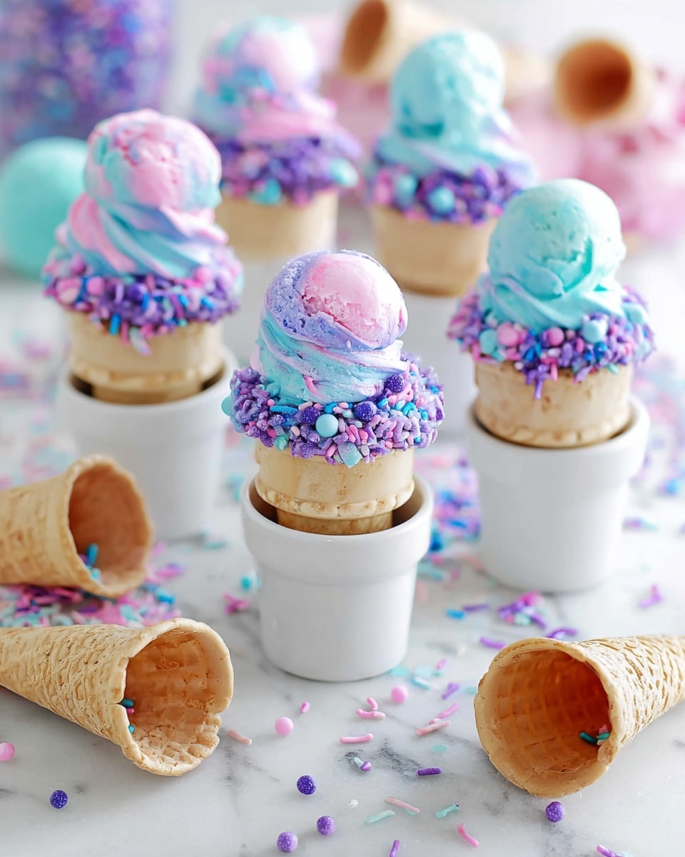 A two-scoop ice cream cone stands at the center, with the ice cream showing swirls of bright pink, blue, and light purple colors mixed with a creamy texture. The cone is light beige and has a classic waffle pattern. The bottom scoop is slightly bigger, and both scoops have a melting effect that adds smooth and shiny textures. This cone is placed on a small white circular dish filled with colorful, twisted sprinkles in pink, blue, and purple shades. In the blurred background, there are several empty white cones lying on a white marbled surface and containers holding the same swirled pink and blue ice cream. photo taken with an iphone --ar 4:5 --v 7
