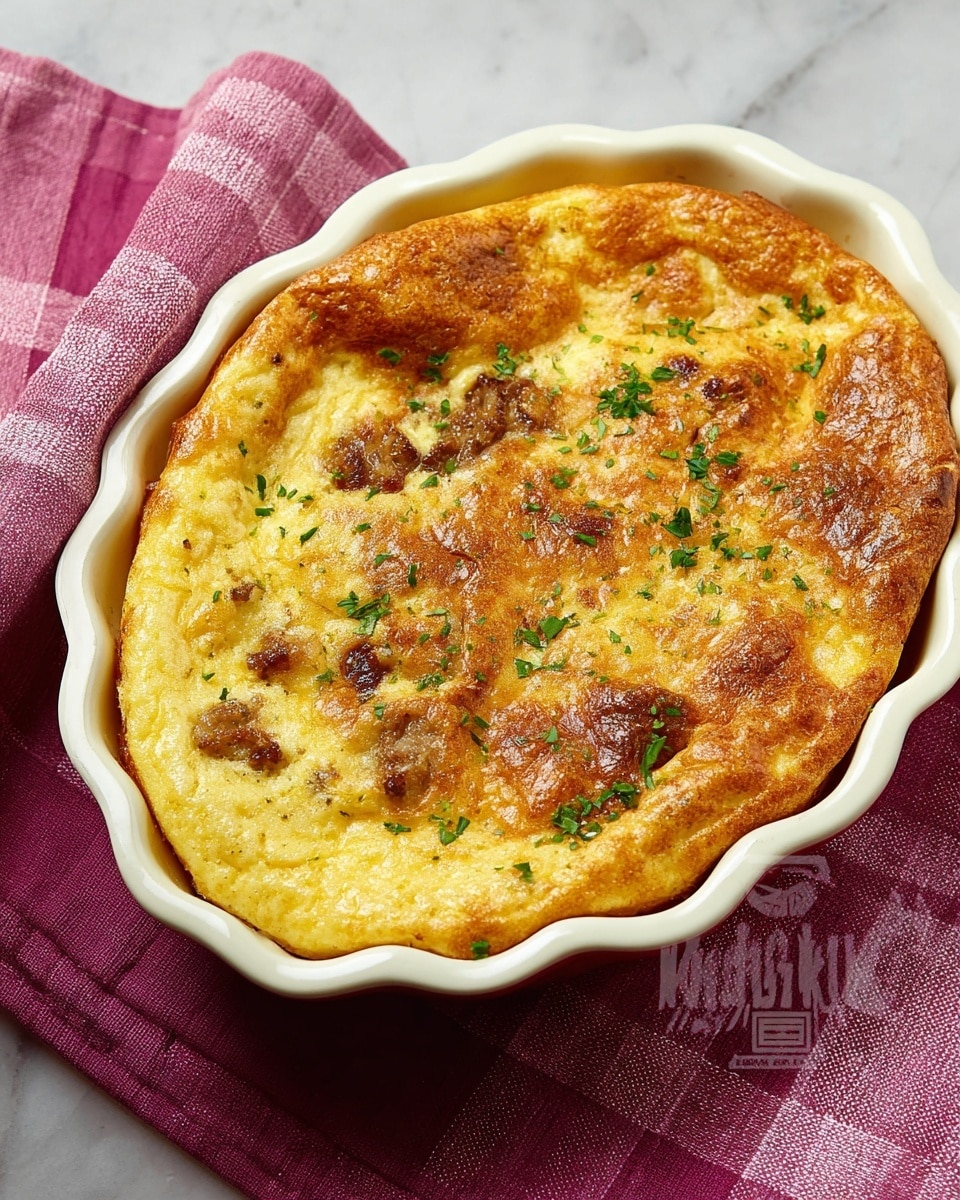 A golden-brown fluffy baked dish with a slightly puffed and uneven surface sits in a white scalloped-edged baking dish. Small bits of browned meat peek through the top layer, which is sprinkled lightly with finely chopped green herbs. The baking dish rests on a soft pink and white checkered cloth, all set against a white marbled surface. Photo taken with an iphone --ar 4:5 --v 7