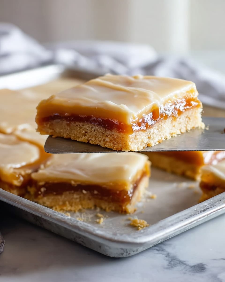 A square piece of a glazed bar dessert is lifted on a spatula from a metal baking pan. The dessert has three visible layers: the bottom layer is a light golden crumbly crust, the middle layer is a thick, shiny, caramel-colored filling with a sticky texture, and the top layer is a smooth, pale beige glaze with a slightly shiny finish. The rest of the dessert, still in the pan, shows several more pieces covered with the same glaze. The pan rests on a white marbled surface with a blurred white and soft background. Photo taken with an iphone --ar 4:5 --v 7