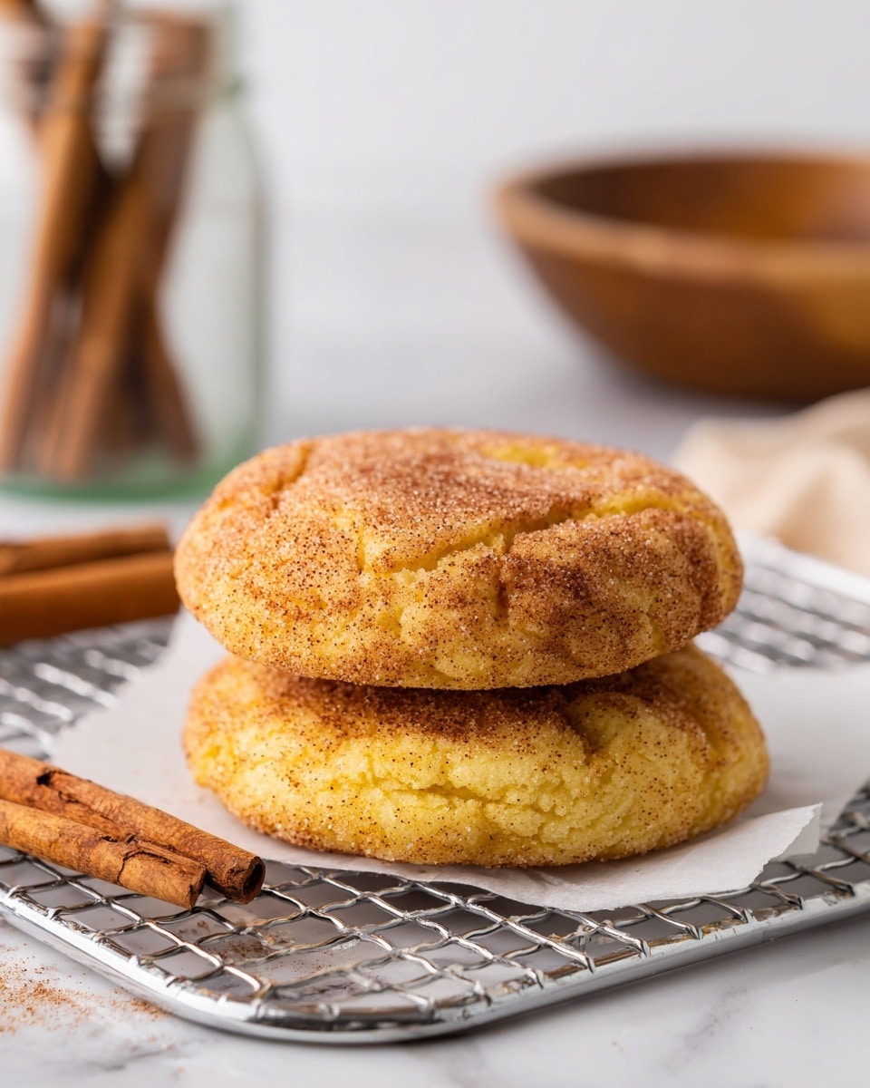 Two round snickerdoodle cookies are stacked on top of each other, placed on a silver cooling rack lined with white parchment paper. The cookies have a golden-yellow center with a light brown, slightly cracked crust covered in cinnamon sugar, which creates a grainy texture on top. The top cookie is slightly larger and has a more uneven surface, while the bottom cookie is flatter with visible cracks. Nearby to the left, there are cinnamon sticks resting on a white marbled surface. In the blurred background, there is a glass jar with a cinnamon stick and a wooden bowl on the same white marbled surface. Photo taken with an iphone --ar 4:5 --v 7