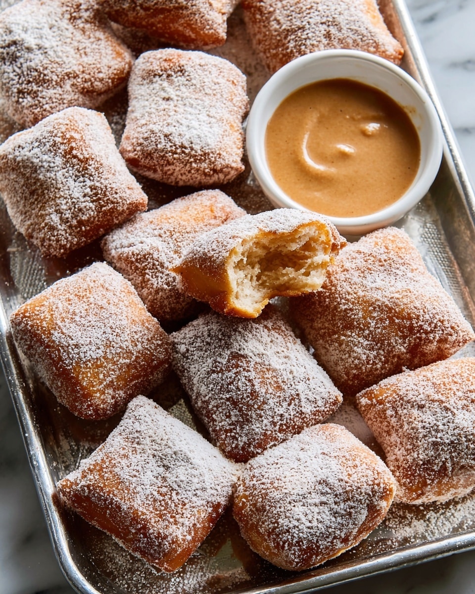 Twelve square-shaped beignets covered in a light dusting of white powdered sugar are arranged close together on a silver tray with a shiny texture. The beignets have a golden-brown color with a soft, fluffy interior visible in one piece dipped half into a small white bowl filled with thick, light brown sauce. The tray sits on a white marbled surface, emphasizing the warm tones of the beignets and the sauce. photo taken with an iphone --ar 4:5 --v 7