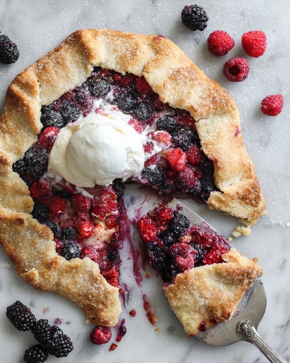 The image shows a rustic mixed berry galette with a golden, flaky crust folded unevenly around the filling. The baked crust is sprinkled with coarse sugar, giving it a slightly sparkling texture. Inside, there is a colorful mix of red raspberries, blackberries, and dark blueberries, with their juices blending together and oozing slightly onto the crust. A scoop of melting white ice cream sits on top, partially covering the berries. One slice has been cut and lifted by a silver spatula, revealing the juicy berry layer beneath the crust. Some loose blackberries and raspberries are scattered on a white marbled surface around the galette. photo taken with an iphone --ar 4:5 --v 7