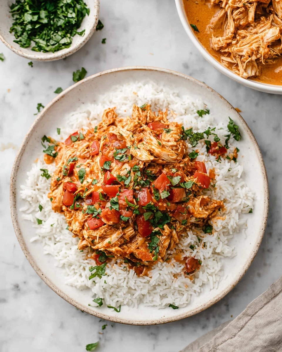 The image shows a white plate on a white marbled surface filled with a dish made of two layers. The bottom layer is white, fluffy cooked rice spread evenly across the plate. On top is a thick, chunky layer of shredded chicken mixed with a textured orange sauce, dotted with small bright red tomato pieces. Fresh green chopped herbs are sprinkled over the chicken, adding a pop of color. To the upper left, there is a small white bowl filled with similar green herbs, and in the upper right corner, a white bowl holds more shredded chicken mixed in a creamy orange sauce. Photo taken with an iphone --ar 4:5 --v 7