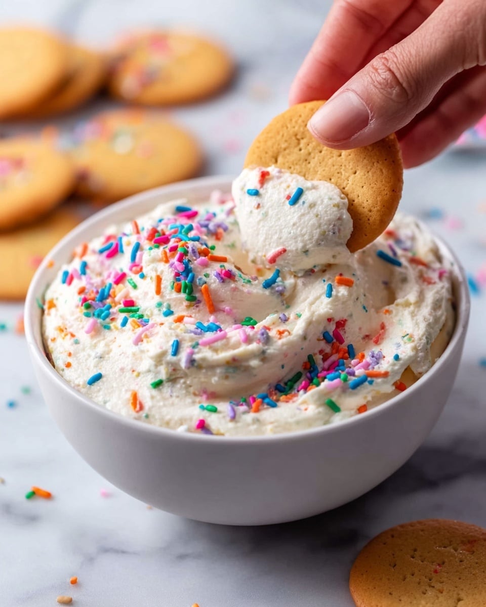 A close-up image shows a woman's hand dipping a round golden cookie into a bowl filled with creamy white frosting that has colorful sprinkles mixed in. The frosting has a thick, fluffy texture, and the sprinkles inside are small, long, and round in bright colors like red, blue, green, orange, pink, and purple. The white bowl is filled almost to the top with this frosting, and more colorful sprinkles are visible on its surface. Scattered golden cookies are blurred in the background on a white marbled surface. photo taken with an iphone --ar 4:5 --v 7