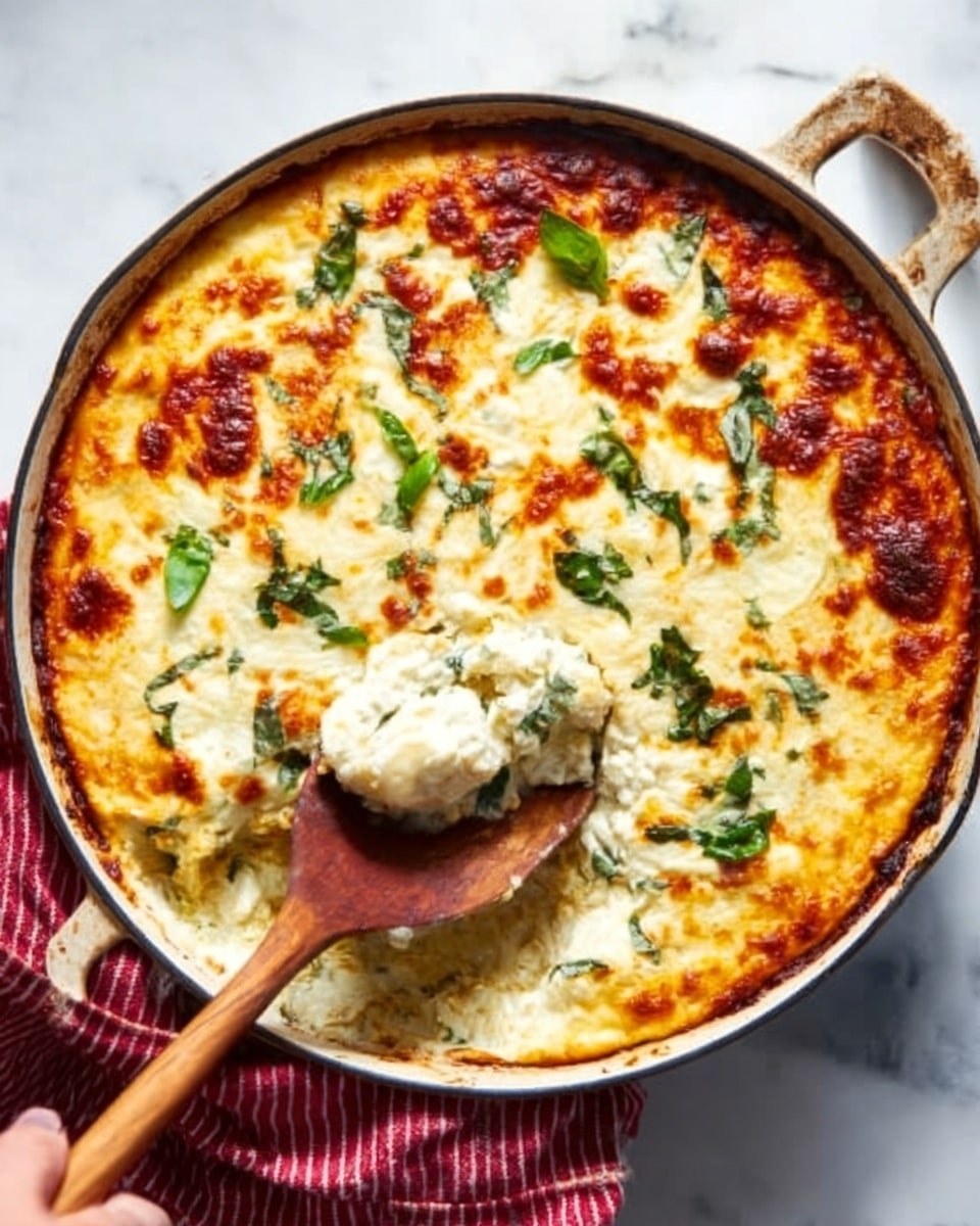 A round white skillet filled with a baked dish that has a golden-brown bubbly cheese layer on top with some green herb leaves scattered over it. The cheese layer is melted and slightly browned, with a creamy, soft white layer visible underneath as a woman's hand scoops out a portion with a wooden spoon. The edges of the dish show a thicker, crusty cheese layer, and the skillet sits on a white marbled surface with a red and white striped cloth partially visible. Photo taken with an iphone --ar 4:5 --v 7