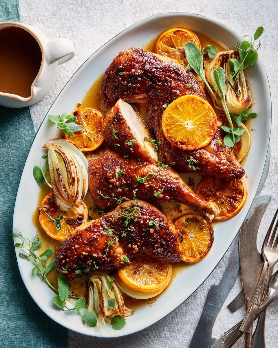 A white oval plate filled with three grilled chicken quarters placed on top of each other with a dark brown, crispy skin showing a rich golden glaze. There are several slices of grilled orange with a charred surface scattered on and around the chicken. A few onion wedges, slightly grilled and translucent with light brown edges, are placed on the plate. Fresh green herbs with thin leaves are spread over and around the chicken and citrus slices. The plate rests on a white marbled textured surface. Nearby, there is a white ceramic cup filled with brown sauce on the upper left side and vintage silver knife and fork near the bottom right corner. photo taken with an iphone --ar 4:5 --v 7