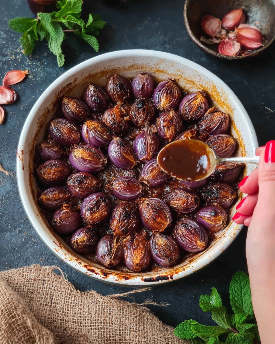 A white round baking dish filled with a single layer of roasted purple shallots arranged tightly side by side in a circular pattern, their skins wrinkled and caramelized with some dark brown edges. A woman's hand with red nail polish holds the dish, while another woman's hand with red nails is seen holding a spoon filled with dark brown sauce, poised above the shallots. The dish is on a dark surface with green mint leaves and a piece of burlap with red shallot skins scattered around. The edges of the dish show browned marks from cooking. Photo taken with an iphone --ar 4:5 --v 7