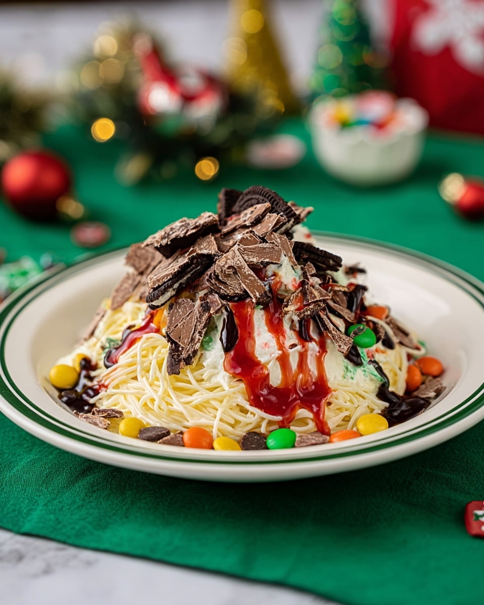 A white plate with a green rim holds a colorful dessert that looks like a mound of thin vanilla ice cream strands shaped like spaghetti, piled high in the center. The ice cream is topped with bright red syrup and drizzled with dark chocolate sauce. Scattered on top and around the ice cream are broken pieces of chocolate cookies with visible layers, small colorful candy pieces in orange, yellow, red, and green, and small round chocolate-coated sprinkles. The plate sits on a bright green cloth with festive holiday decorations softly blurred in the background, all on a white marbled surface. Photo taken with an iphone --ar 4:5 --v 7