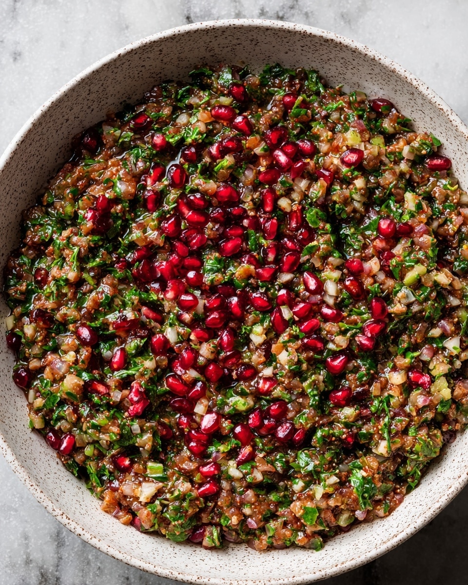 A close-up top view of a large bowl filled to the brim with a finely chopped mixture of colorful ingredients creating a textured, wet salad. The dish has a base layer of small chopped bits in light brown and green tones, interspersed with bright red pomegranate seeds scattered evenly across the surface, adding pops of color. The mixture looks moist and glossy, with visible green herbs and tiny bits of onion or garlic creating a fresh and chunky texture. The bowl is white with a subtle speckled pattern, set on a white marbled surface. photo taken with an iphone --ar 4:5 --v 7