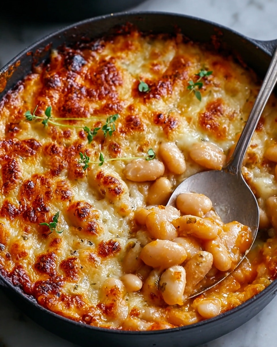 A close-up image of a black pan filled with a baked dish of white beans covered in golden melted cheese. The top layer is bubbly and browned with crispy edges, showing uneven patches of light brown and golden yellow melted cheese. Small green herb sprigs are scattered on top, adding a touch of color. Some beans peek through the cheese layer, giving a smooth, round texture with a light creamy color. A silver spoon is scooping into the dish on the right side, revealing more beans and sauce underneath in a warm orange tone. The pan sits on a white marbled surface. photo taken with an iphone --ar 4:5 --v 7
