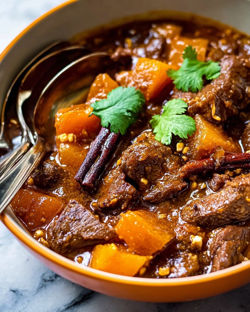 A close-up view of a rich stew in a white bowl with an orange rim, filled with thick, brown chunks of cooked meat and soft, bright orange pieces of cooked fruit or vegetable. There are dark brown cinnamon sticks and a few bright green cilantro leaves scattered on top. The stew looks thick and glossy with visible bits of nuts or seeds. A shiny silver spoon is resting inside the bowl, partially submerged in the stew. The bowl is set on a white marbled surface. photo taken with an iphone --ar 4:5 --v 7