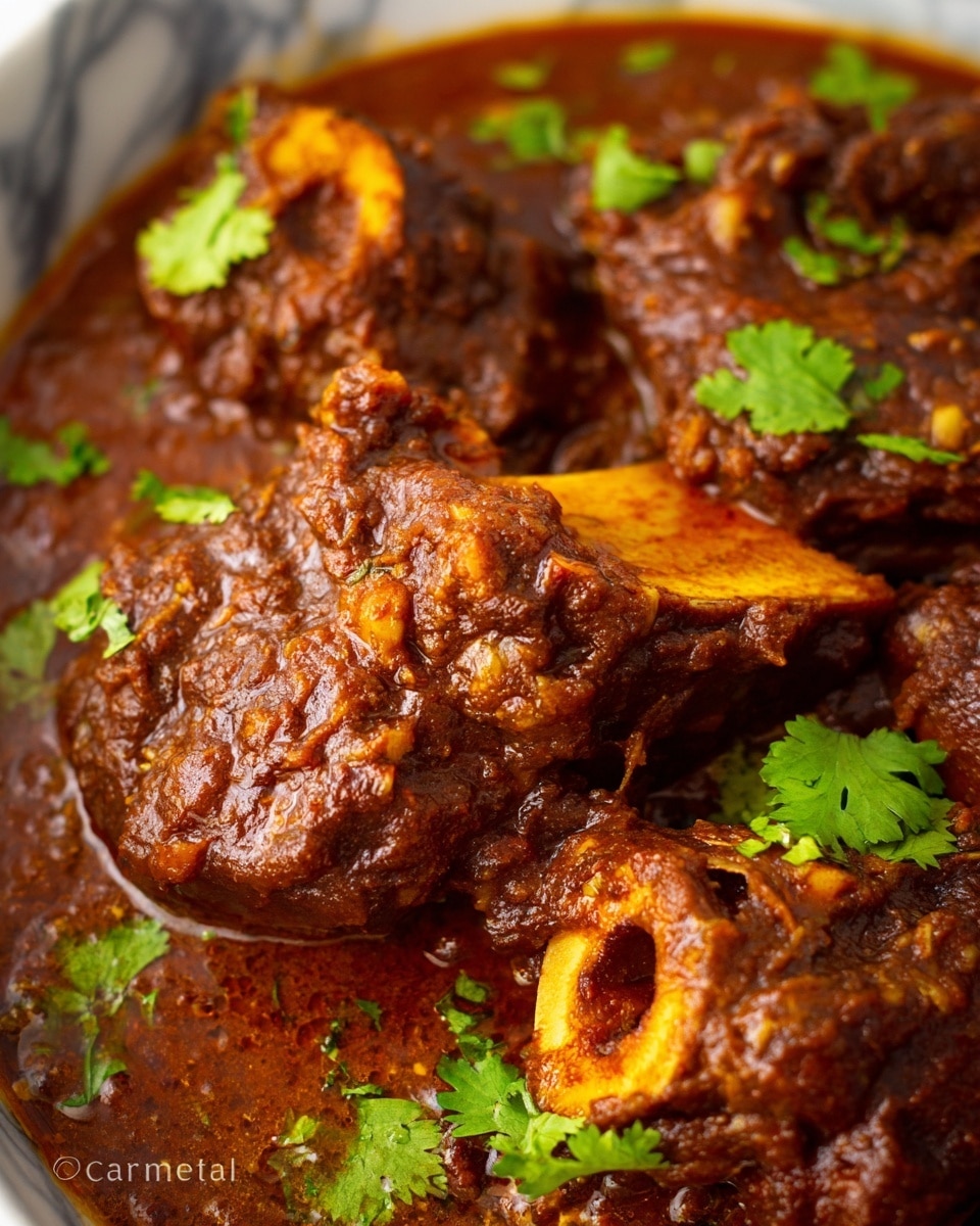 This close-up image shows a rich, dark brown stew with large pieces of meat that have visible bone sections in the center, surrounded by thick, textured sauce. The meat looks tender and coated in the glossy sauce, which has small bits of herbs and spices mixed in. Bright green cilantro leaves are scattered on top, adding contrast to the deep brown colors. The background is a white marbled texture, enhancing the warm colors of the dish. photo taken with an iphone --ar 4:5 --v 7