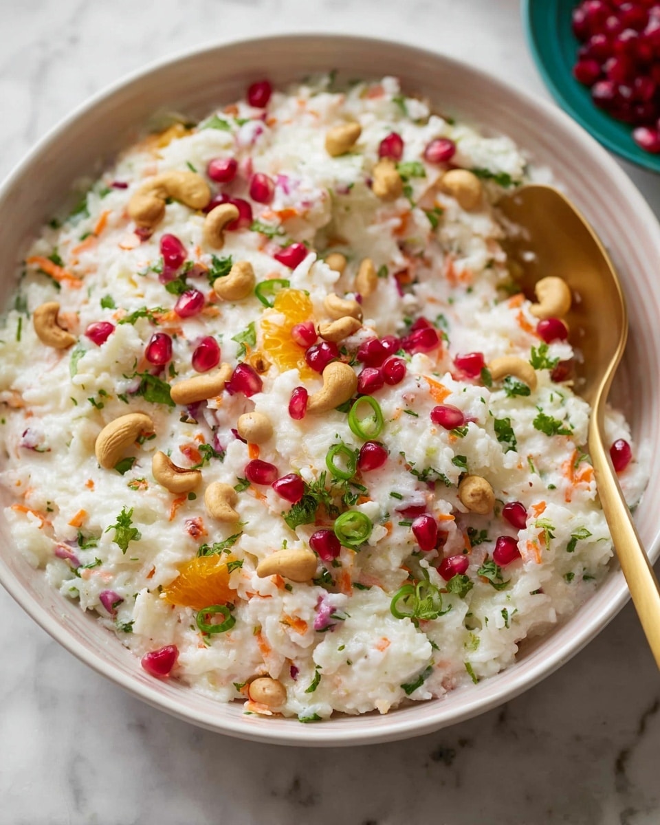 A close-up of a bowl filled with a creamy white rice dish mixed with visible small pieces of green herbs, orange carrot shreds, and bright red pomegranate seeds. Scattered on top are smooth, light tan nuts and finely chopped green chili slices, adding texture and color contrast. The dish has a thick, slightly chunky texture with various colors evenly spread throughout. A gold spoon rests inside the white bowl, which sits on a white marbled surface. Photo taken with an iphone --ar 4:5 --v 7