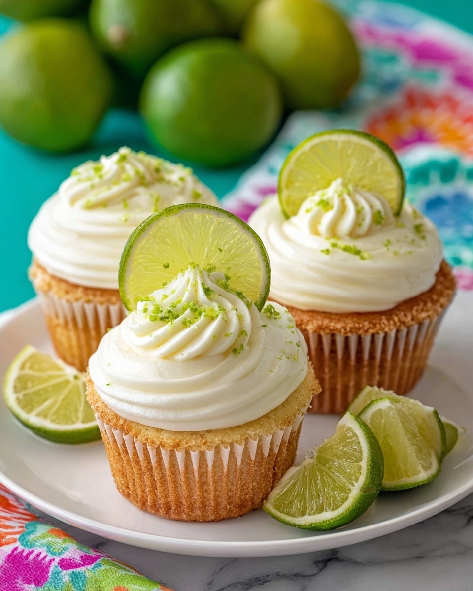 Three cupcakes sit on a white plate. Each cupcake has a golden-brown base with a crumbly texture on the edges. On top is a thick swirl of smooth white frosting, decorated with tiny green zest pieces. Each cupcake is topped with a bright green lime slice positioned upright in the center. Around the cupcakes on the plate are two lime halves with a shiny, fresh look. The background has a colorful cloth and a blurred green backdrop with whole limes, all on a white marbled surface. photo taken with an iphone --ar 4:5 --v 7