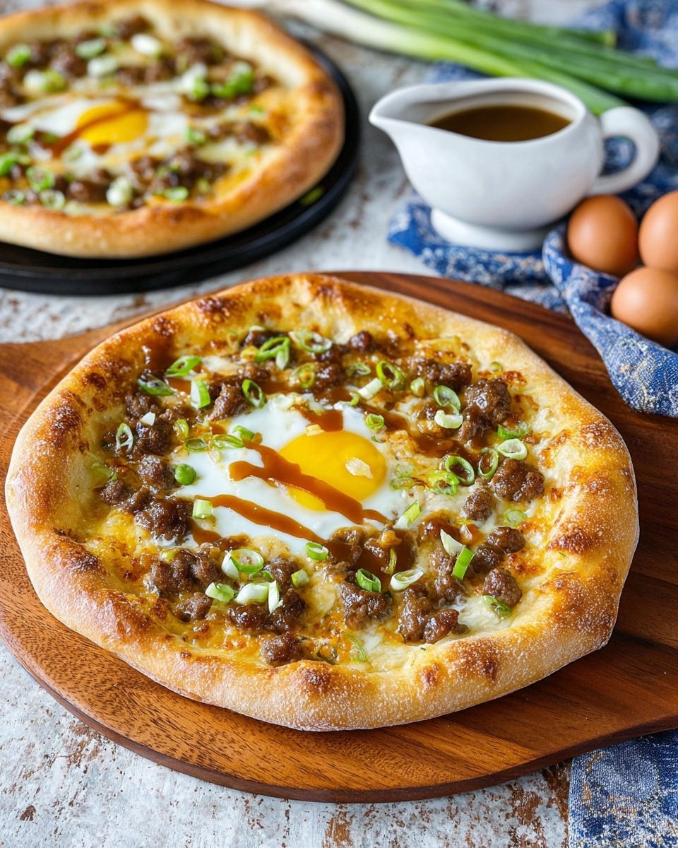 The image shows a round pizza on a wooden board placed on a white marbled textured surface. The pizza has a thick golden-brown crust with a slightly puffed edge. The first layer is melted cheese covering the base, topped with small beef chunks browned and scattered evenly. In the center, there is a sunny-side-up egg with a bright yellow yolk surrounded by white. Drizzled on top is a glossy brown gravy, and thinly sliced green onions are sprinkled all over the pizza for a pop of green color. In the background, there is a second pizza on a black round tray with similar toppings, partly visible next to a white gravy boat with more brown gravy, some eggs, and a few whole green onions on a blue and white cloth. Photo taken with an iphone --ar 4:5 --v 7
