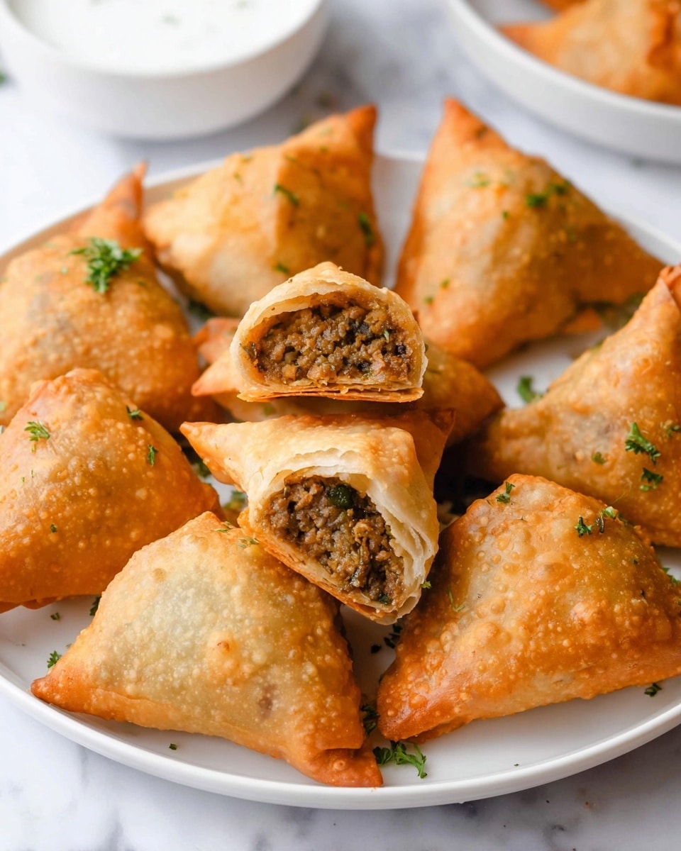 A white plate holds nine golden-brown samosas arranged closely together in a circle, with one samosa broken open in the center showing its three layers: the crispy, bubbly light brown outer shell, a middle layer of soft dough, and the inner filling made of cooked minced meat and green herbs. Small green parsley pieces are scattered over the samosas, adding a touch of color. In the background, a blurred white bowl filled with white sauce sits on a white marbled surface. photo taken with an iphone --ar 4:5 --v 7