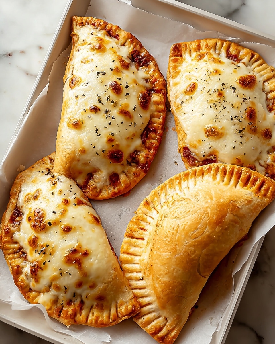 The image shows four baked calzones on white parchment paper inside a white tray, placed on a white marbled surface. Each calzone has a golden-brown crust with crimped edges. Three of them are topped with bubbly, melted cheese that has light brown spots and small pieces of black seasoning scattered on top. One calzone remains without melted cheese, revealing its smooth, golden crust with a few dark seasoning bits. The calzones are arranged closely together filling the tray. photo taken with an iphone --ar 4:5 --v 7