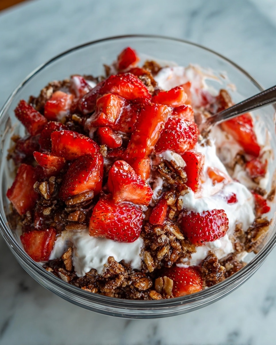 A clear glass bowl filled with a mixed dessert showing three main layers: the bottom layer is dark brown crunchy pecan pieces with a rough texture, the middle layer is white whipped cream with a light and fluffy texture spread unevenly, and the top layer has bright red sliced strawberries scattered all over. A silver spoon is inside the bowl, slightly digging into the mix. The bowl is placed on a white marbled surface. Photo taken with an iphone --ar 4:5 --v 7