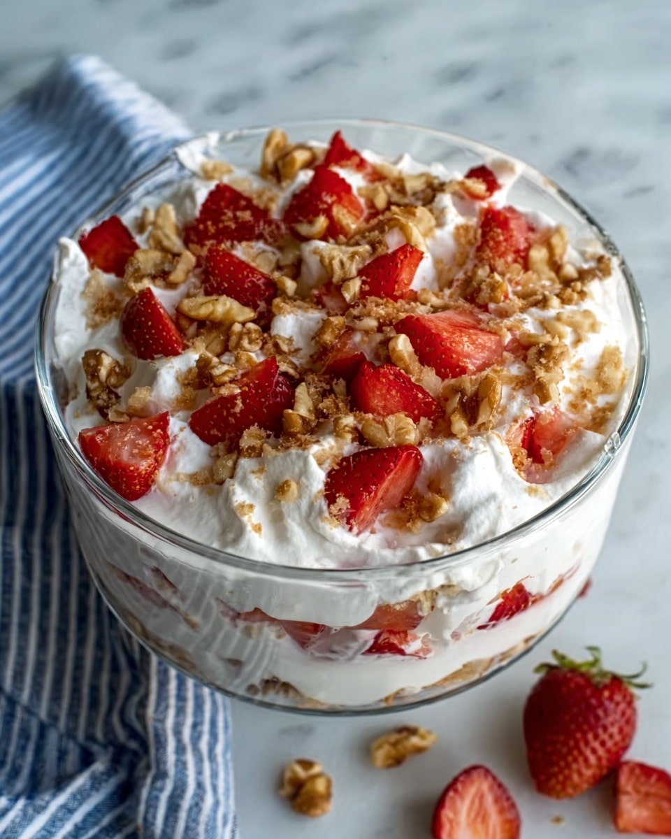 A clear round glass bowl holds a layered dessert with at least three visible layers: the bottom layer is white and creamy, topped with a thick layer of whipped cream appearing light and fluffy, scattered generously with halved red strawberries showing their juicy texture, and sprinkled with light brown walnut pieces adding a crunchy texture. The bowl sits on a white marbled surface next to a blue and white striped cloth and a few stray strawberry halves and walnuts. The photo taken with an iphone --ar 4:5 --v 7