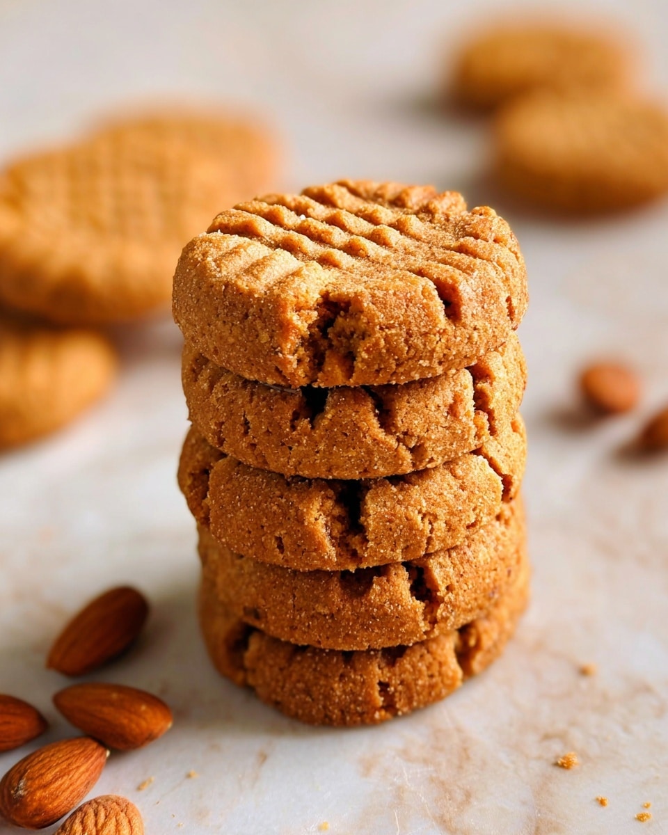 A stack of five round peanut butter cookies with a slightly rough texture and fork-pressed crisscross patterns on top, each cookie a warm golden brown color, sits in the center on a white marbled surface. In the background, more cookies and whole almonds are softly blurred, adding depth to the scene with their similar warm hues. The cookies have a crumbly, homemade look with small cracks visible along their edges. Photo taken with an iphone --ar 4:5 --v 7