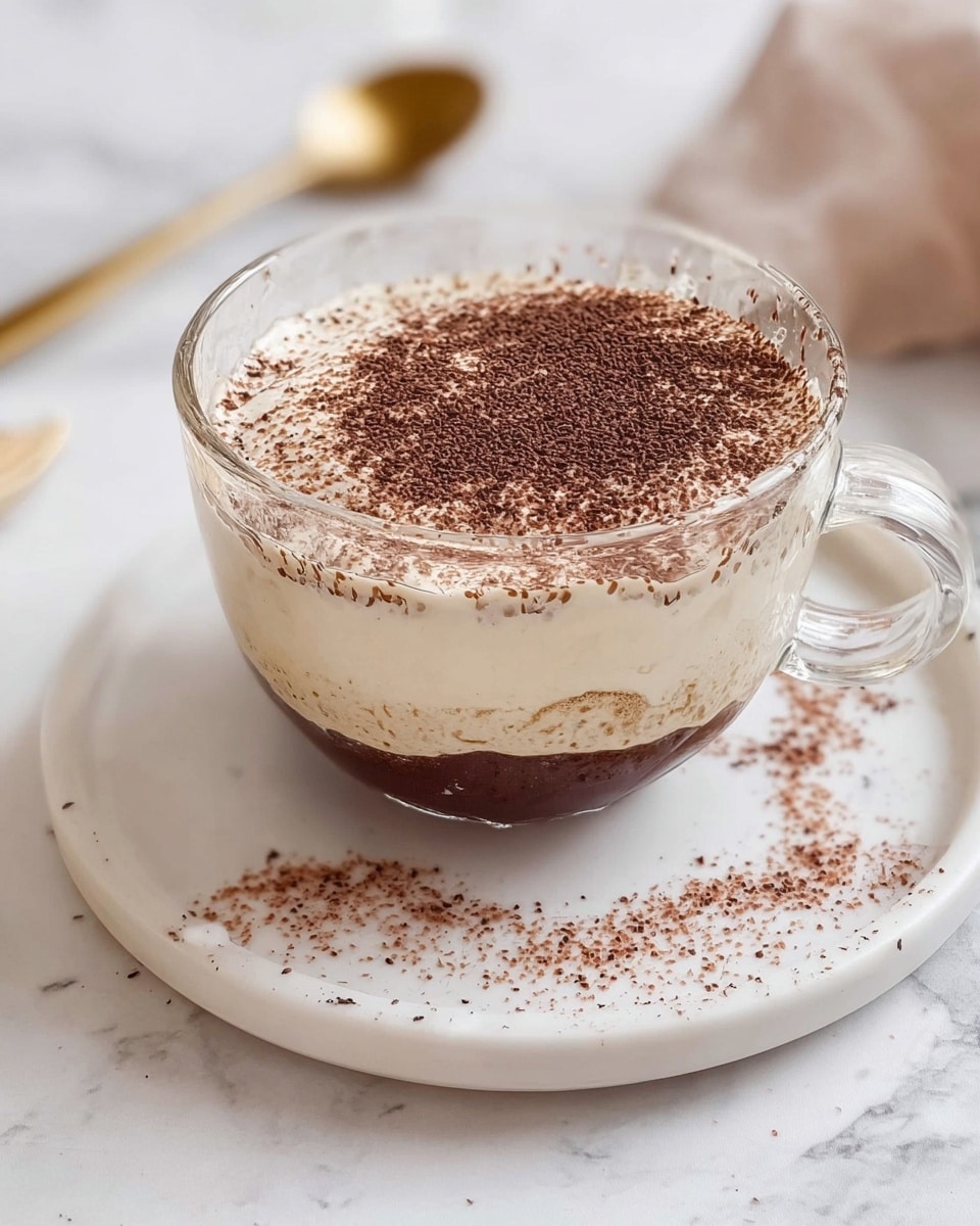 A clear glass cup with a handle contains a layered drink or dessert, sitting on a white plate with small brown specks and a slightly rough rim. The cup has three visible layers: the bottom layer is a dark brown powder, possibly cocoa, nearly covering the base and sticking up the sides in a ring; the middle layer is a smooth, light cream color with some swirling mixing into the cocoa layer; the top layer has a light, textured cream or frothy mixture with a few lumps, resembling whipped cream or a thick foam. A shiny gold spoon is partially submerged in the cup, resting against the side, breaking the smoothness in the top layer. The whole setting is on a white marbled surface. Photo taken with an iphone --ar 4:5 --v 7