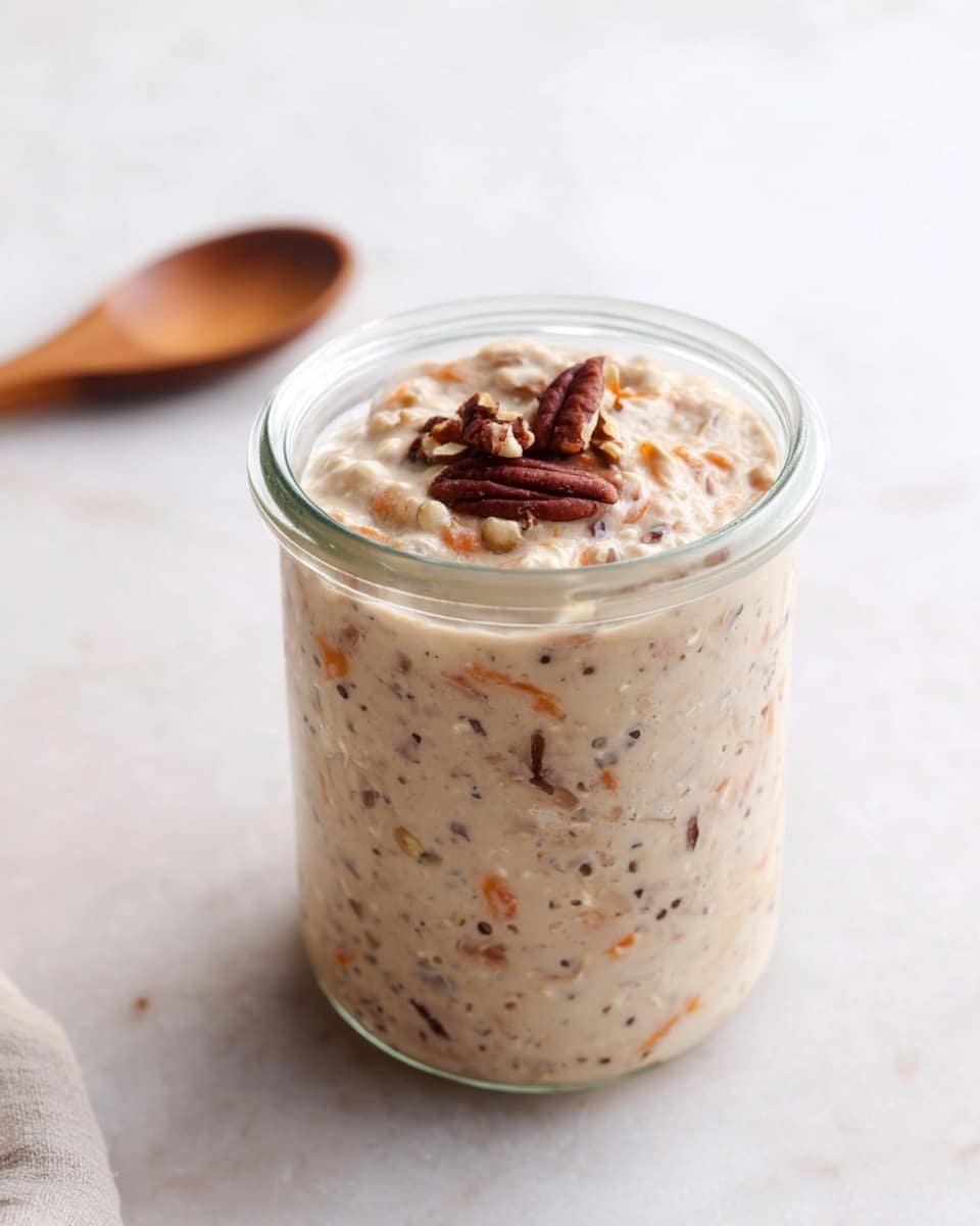 A clear glass jar filled with creamy oatmeal mixed with small bits of oats and seeds, topped with a sprinkle of shredded orange cheese or carrots and a few whole pecan nuts arranged neatly in the center; the jar is placed on a white marbled surface with a small wooden spoon in the background. photo taken with an iphone --ar 4:5 --v 7