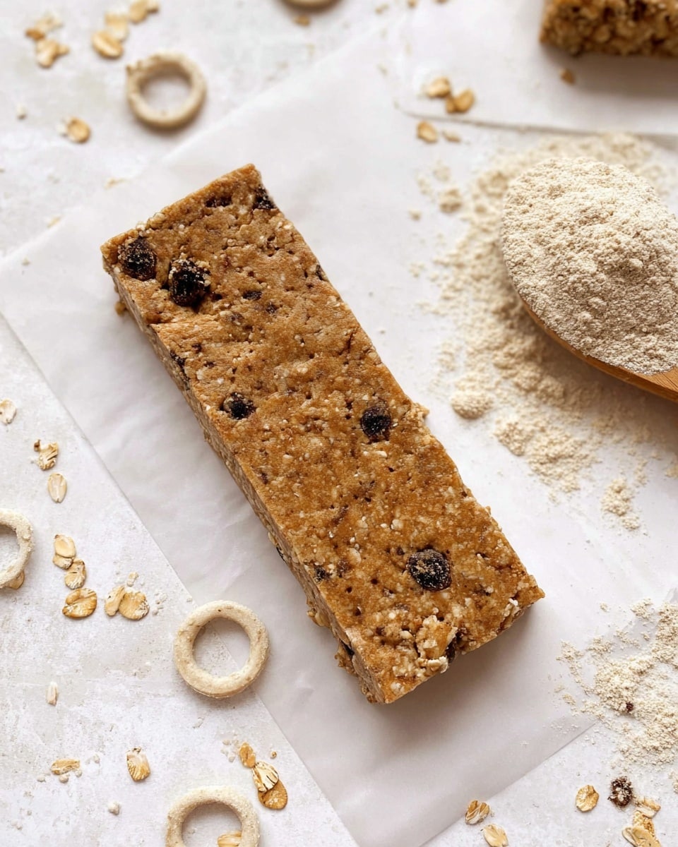A rectangular granola bar with a rough texture showing visible oats and small dark dried fruit pieces embedded throughout. The bar is a light brown color, lying on a piece of white parchment paper on a white marbled textured surface. Around the bar, there are scattered oat rings and small crumbs. To the right, there is a wooden spoon filled with a light beige powder. The granola bar looks dense and chewy, with an uneven surface made of pressed oats and mixed ingredients. Photo taken with an iphone --ar 4:5 --v 7