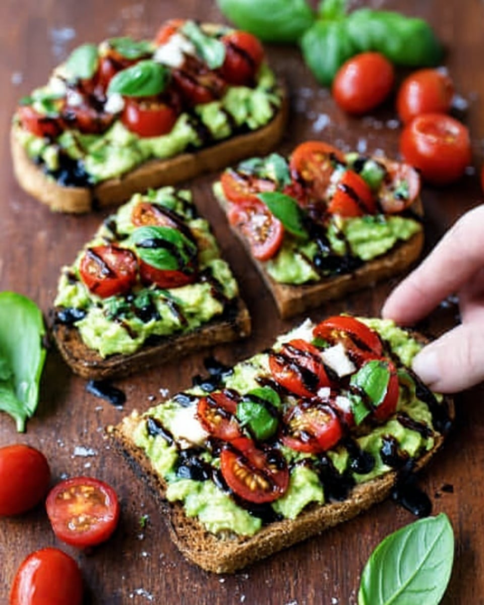 The image shows four pieces of toast with a thick green avocado spread as the base layer, topped with halved cherry tomatoes and small dark green basil leaves scattered across. Each toast slice has a drizzle of dark balsamic glaze creating thin lines over the toppings. The toast is on a wooden surface with a few whole cherry tomatoes and fresh basil leaves around it. A woman's hand is visible, placing or adjusting one piece of toast. photo taken with an iphone --ar 4:5 --v 7