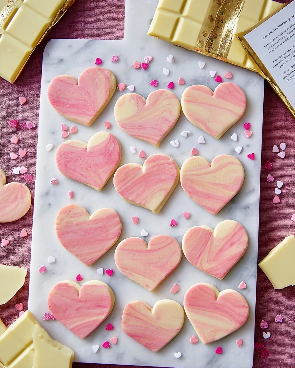 The image shows a white board with evenly spaced heart-shaped cookies, each with a pink and light peach marbled pattern and smooth texture, placed in four rows. Small heart-shaped sprinkles in pink and white are scattered both on the cookies and the board, adding a decorative touch. Around the board, there are pieces of white chocolate in their yellow wrappers, and the background surface is a white marbled texture. Photo taken with an iphone --ar 4:5 --v 7