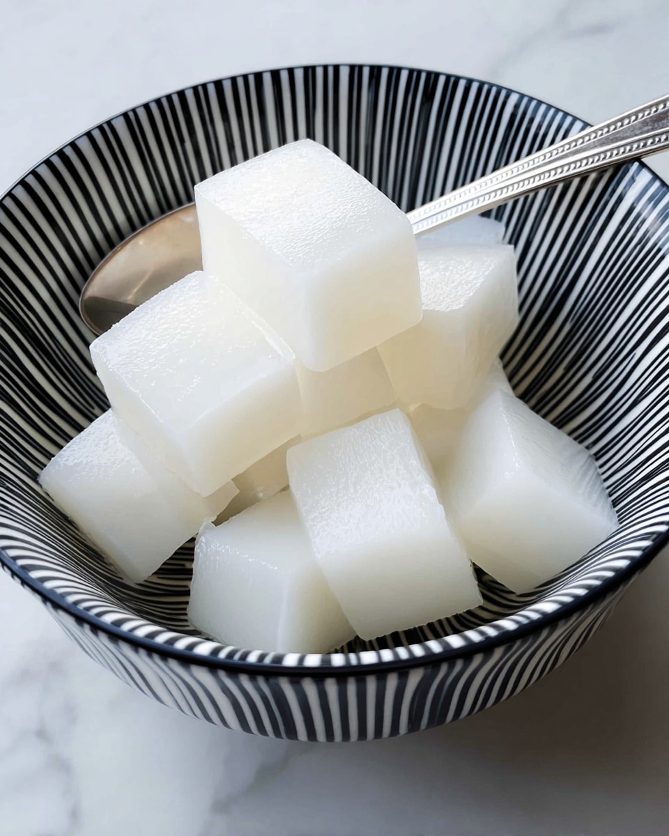 The image shows a white bowl with black vertical stripes filled with several smooth, translucent white jelly cubes. The jelly cubes are neatly cut into even rectangular pieces, stacked slightly on top of each other. A silver spoon is partially inside the bowl, holding some of the jelly cubes. The bowl sits on a white marbled surface with a subtle pattern. photo taken with an iphone --ar 4:5 --v 7