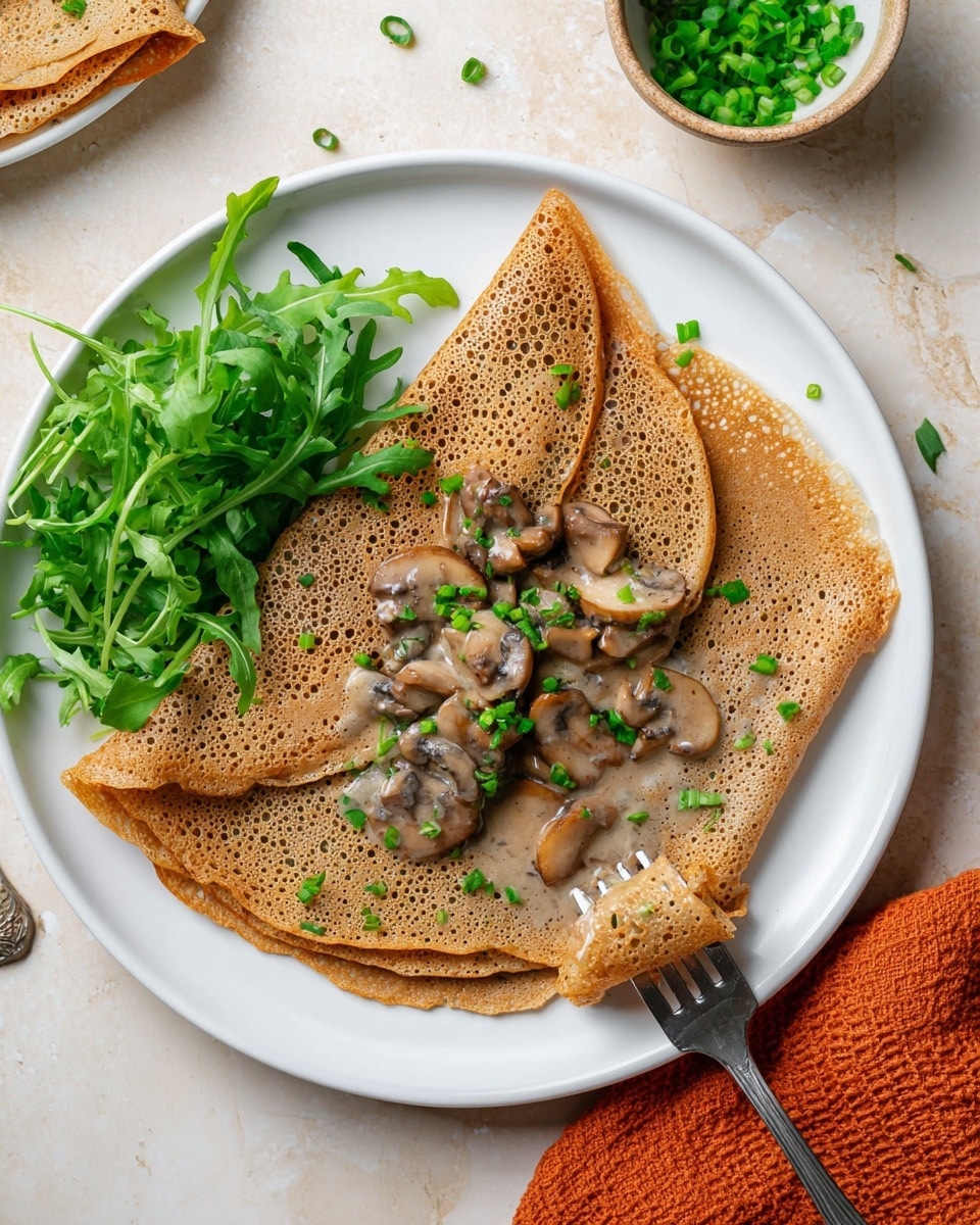 A white plate with a thin, folded crepe made of brown, bubbly textured batter. The crepe is folded into four parts, revealing a creamy mushroom filling in the center with sliced mushrooms in a light brown sauce sprinkled with small chopped green herbs. To the left side of the crepe, there is a small bunch of fresh green leafy arugula and to the right, a few leaves of cilantro. A silver fork rests on the bottom right edge of the crepe, lifting a small piece. The plate sits on a white marbled surface with a small bowl of chopped green onions nearby and an orange textured napkin to the bottom left. Photo taken with an iphone --ar 4:5 --v 7