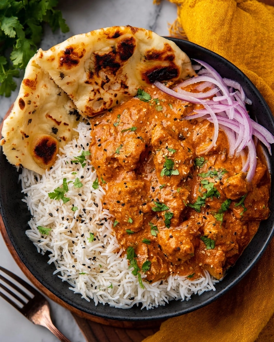 A black bowl holds three main layers: at the bottom, fluffy white rice with long grains forms the first layer; on top of the rice is a thick, creamy orange-brown curry sauce with chunky pieces of meat, garnished with small green cilantro leaves and tiny black seeds scattered on the sauce; sliced thin purple onion strips rest on one side of the rice, adding a touch of color and texture; a piece of golden-brown naan bread with charred spots rests on the edge of the bowl, slightly torn. The bowl is set on a white marbled textured surface with a yellow cloth and metal fork placed nearby. Photo taken with an iphone --ar 4:5 --v 7