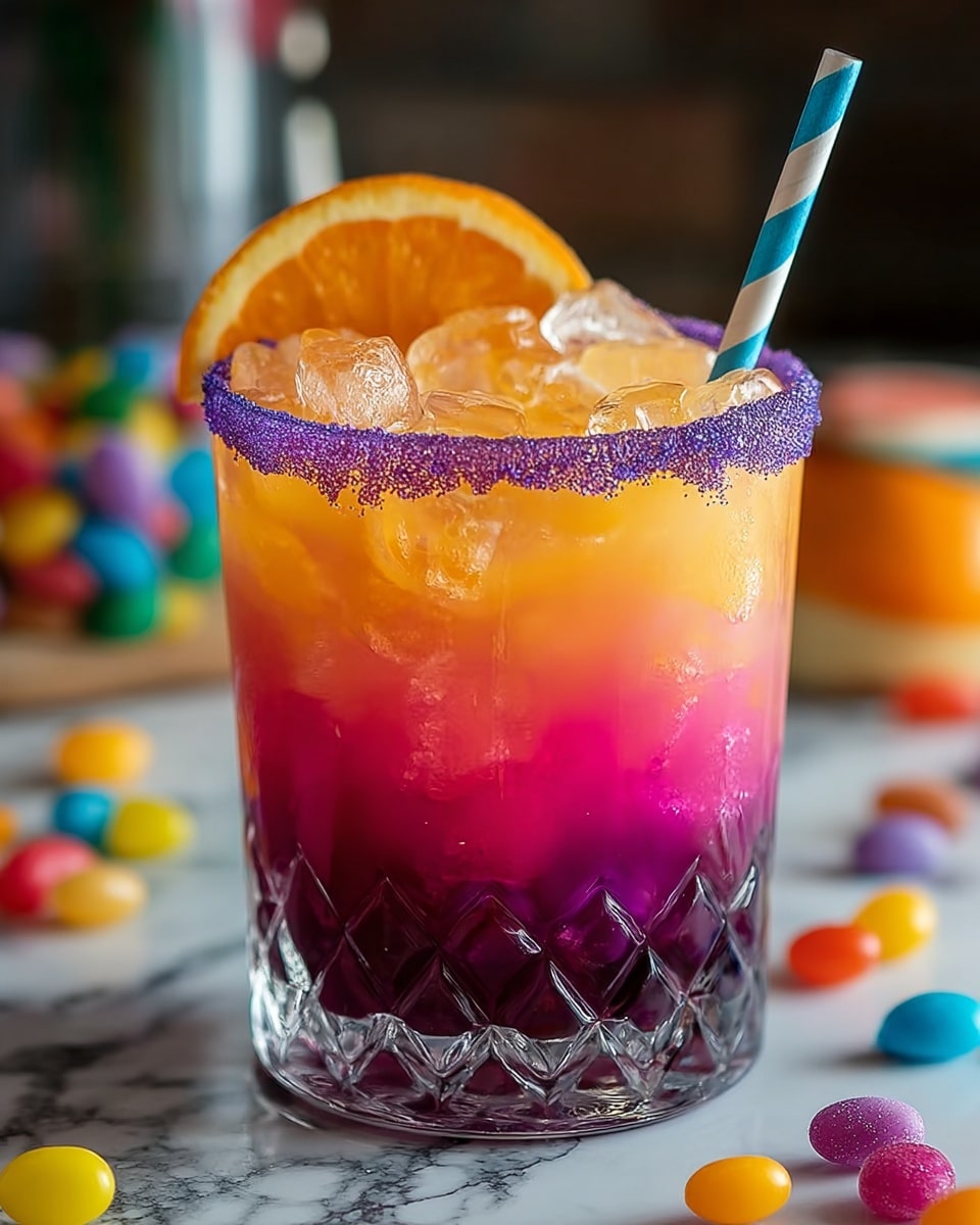 A glass with three colorful layers of drink: the bottom layer is a deep purple, the middle layer is bright pink, and the top layer is a mix of yellow and orange shades with ice cubes on top. The rim of the glass is coated with purple sugar crystals. A striped straw in blue and white is placed inside the glass, and a slice of orange is attached to the rim. The glass itself has a clear, diamond-cut pattern at the base. It sits on a surface with scattered jelly beans and candy around, all set on a white marbled texture background. photo taken with an iphone --ar 4:5 --v 7