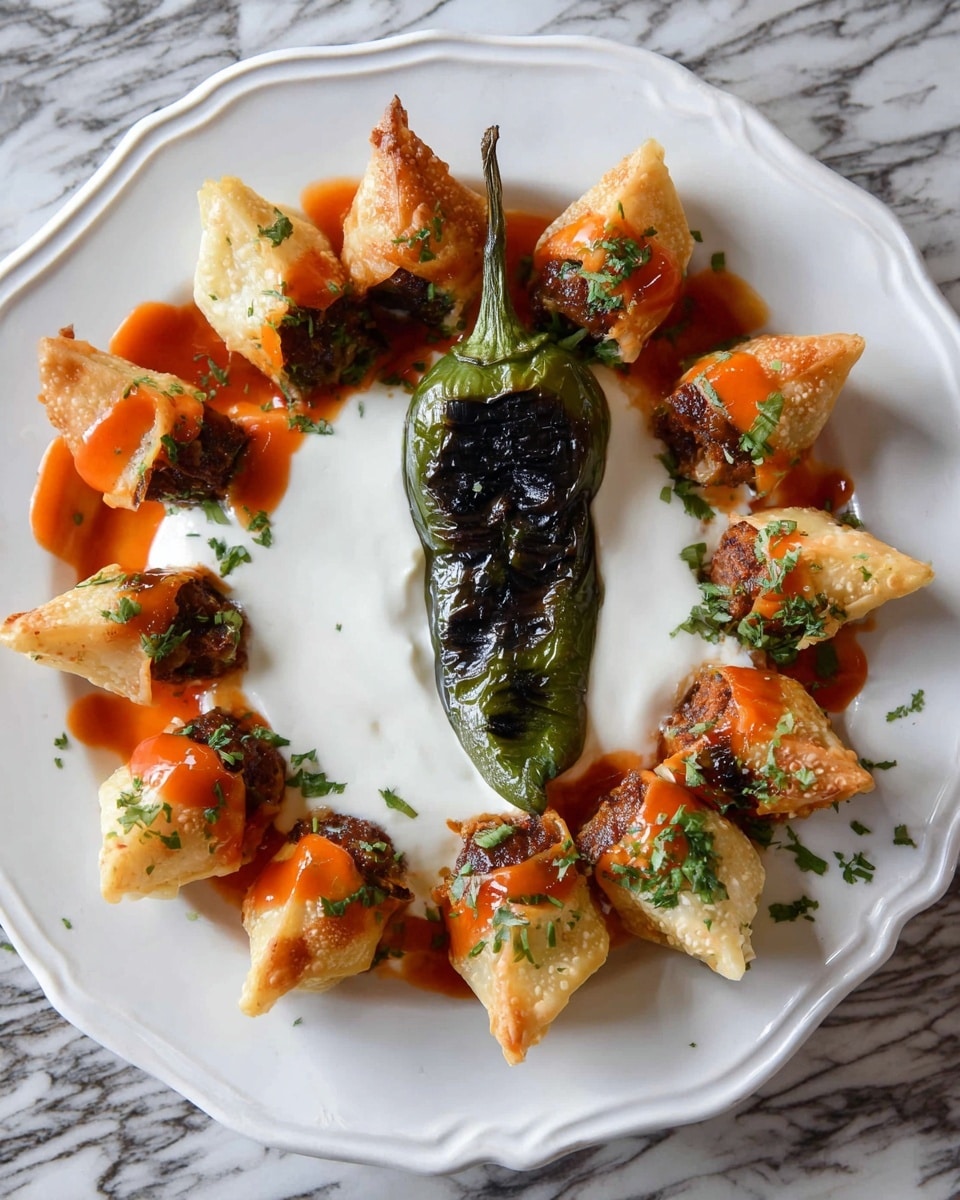 A white scalloped plate holds a ring of golden-brown triangle-shaped pastries filled with dark meat, each piece topped with a bright red sauce and sprinkled with green herbs. In the center of the ring is a smooth, thick white sauce. Resting across the middle of the plate is a large charred green pepper with black grill marks. The plate sits on a white marbled surface. photo taken with an iphone --ar 4:5 --v 7