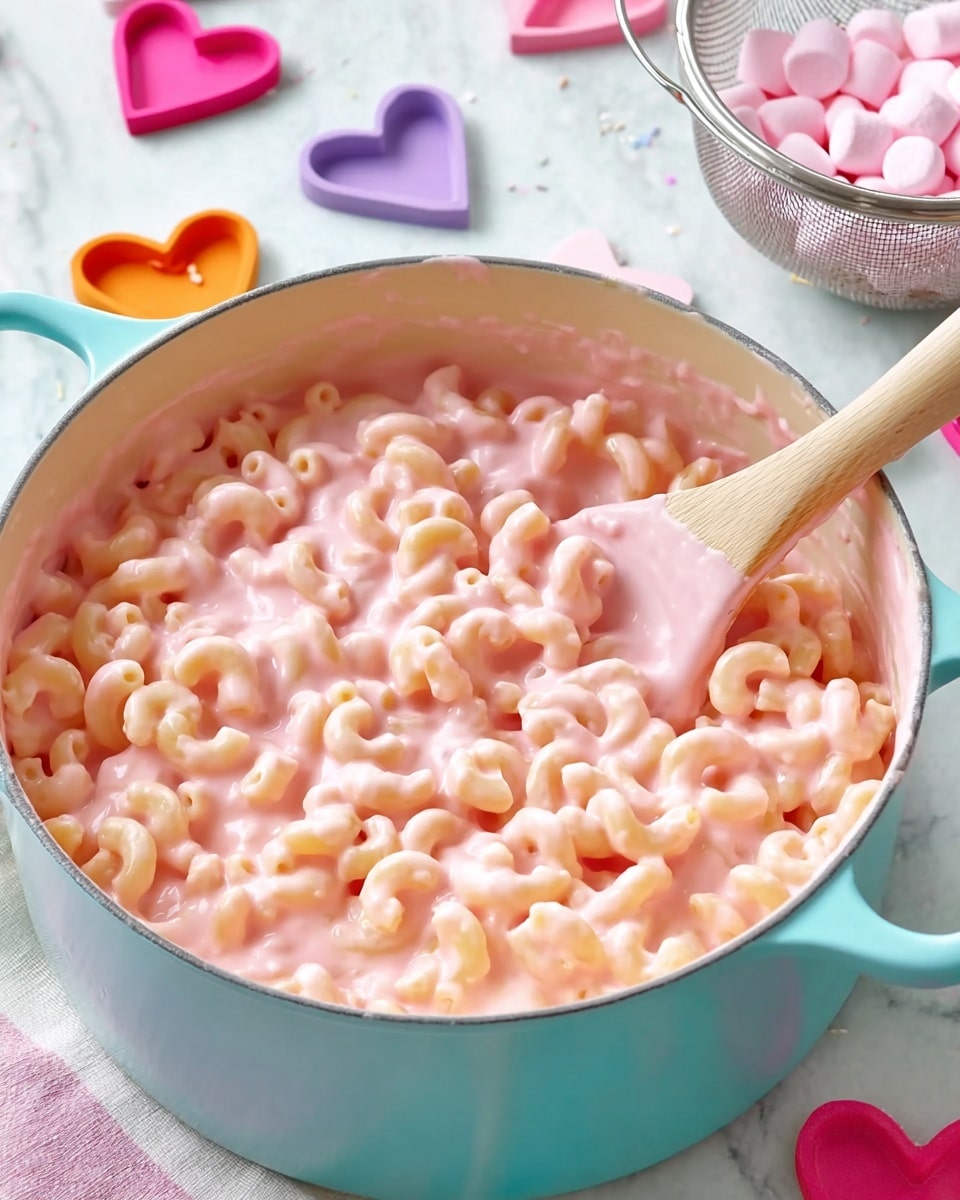 A turquoise pot filled with creamy macaroni and cheese that has a smooth, thick pink sauce coating each curved macaroni piece evenly, with a wooden spoon resting inside, partially submerged and stirring the mix; the pot is set on a white marbled surface decorated with colorful heart-shaped cutouts in pink, orange, and purple, and a metal colander with small pink marshmallows is visible in the background. photo taken with an iphone --ar 4:5 --v 7